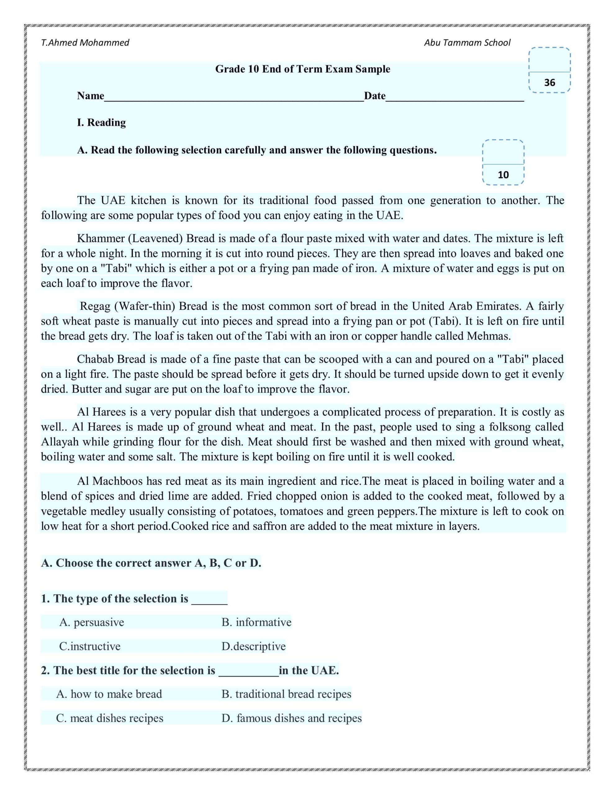 أوراق عمل End of Term Exam Sample اللغة الإنجليزية الصف العاشر