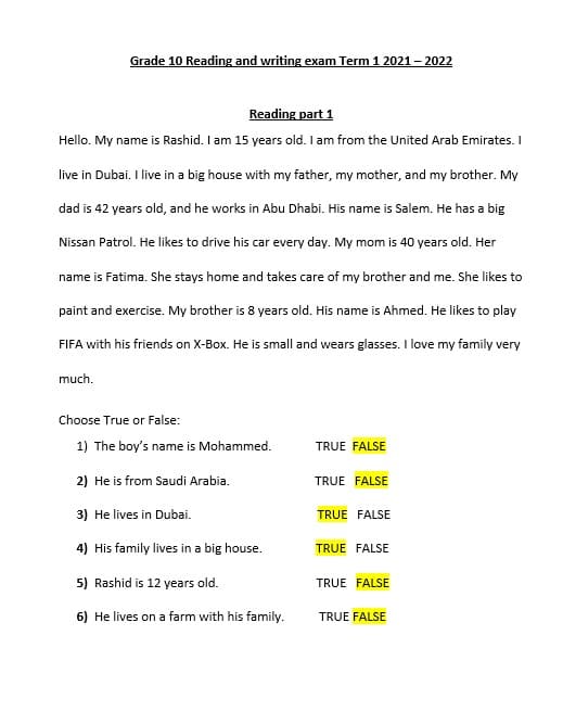 حل أوراق عمل Reading and writing exam اللغة الإنجليزية الصف العاشر