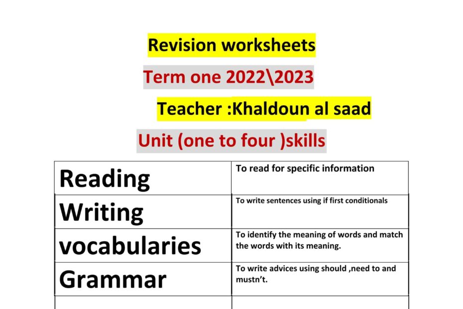 أوراق عمل Revision worksheets اللغة الإنجليزية الصف السادس