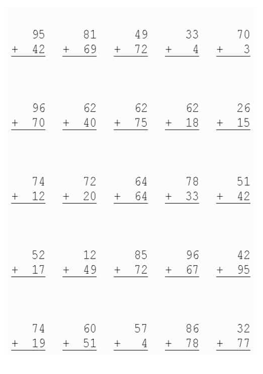 ورقة عمل جمع الأعداد المكون من رقمين الرياضيات المتكاملة الصف الثاني