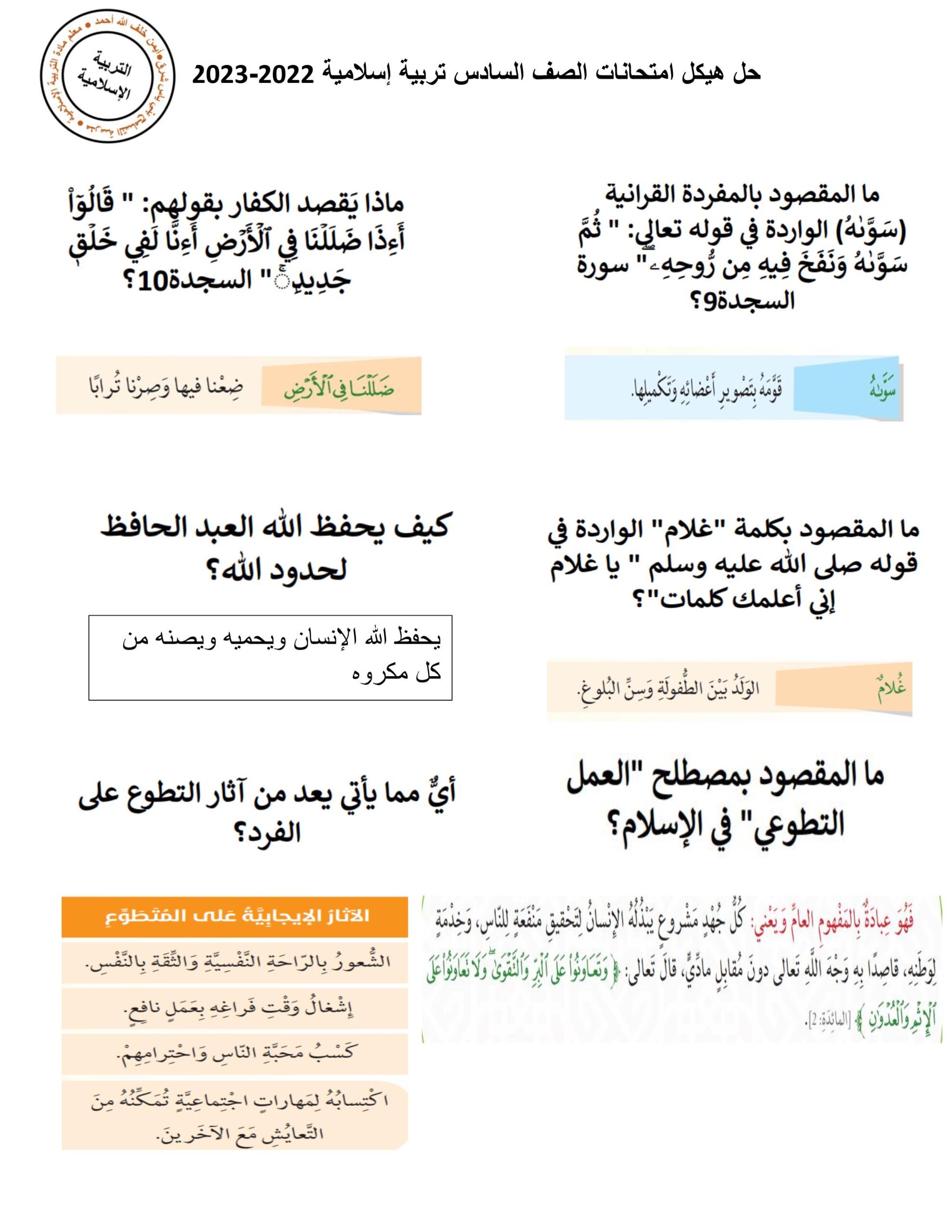 حل نموذج هيكل امتحان التربية الإسلامية الصف السادس