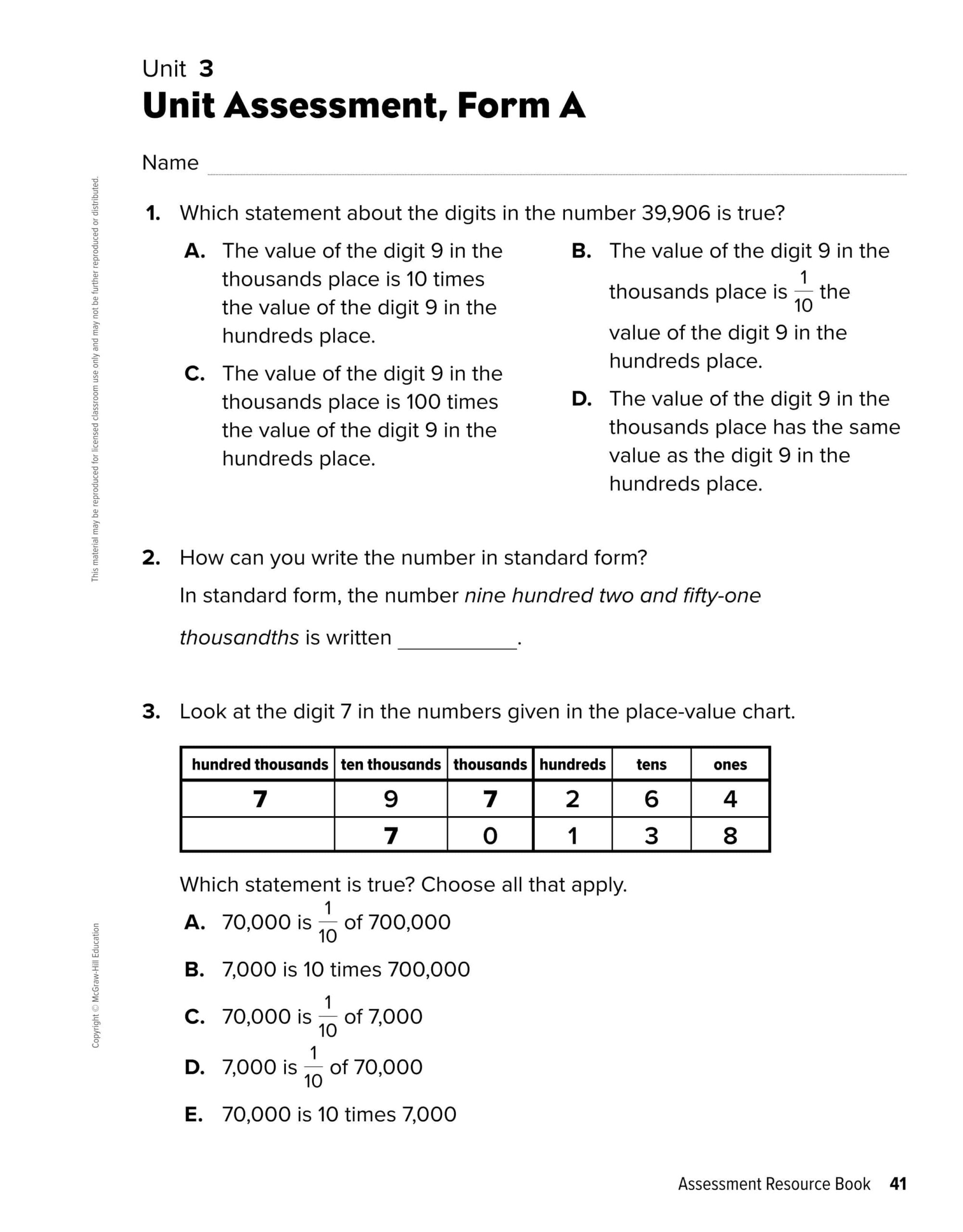 أوراق عمل Unit 3 الرياضيات المتكاملة الصف الخامس
