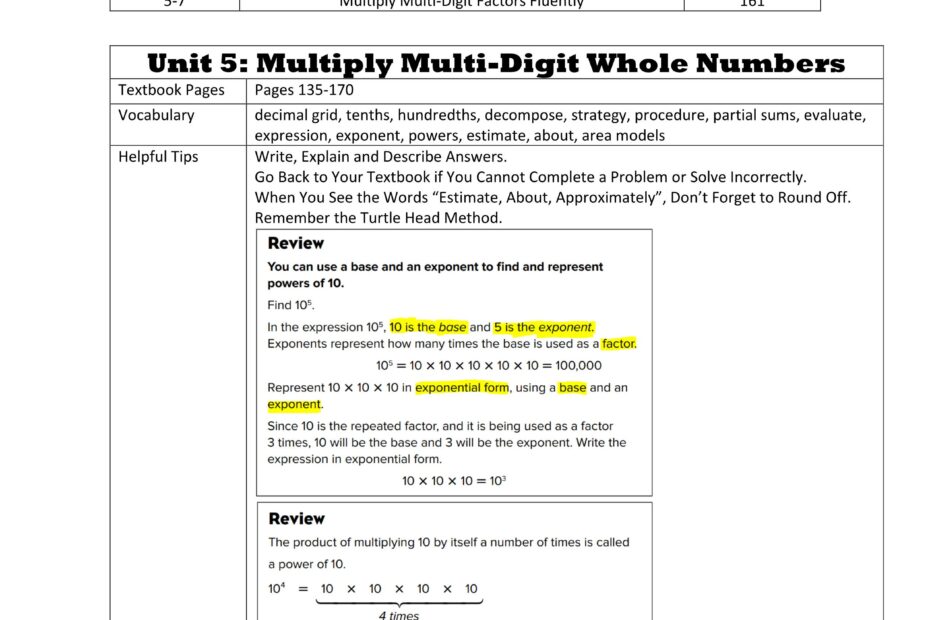 أوراق عمل Multiply Multi-Digit Whole Numbers الرياضيات المتكاملة الصف الخامس