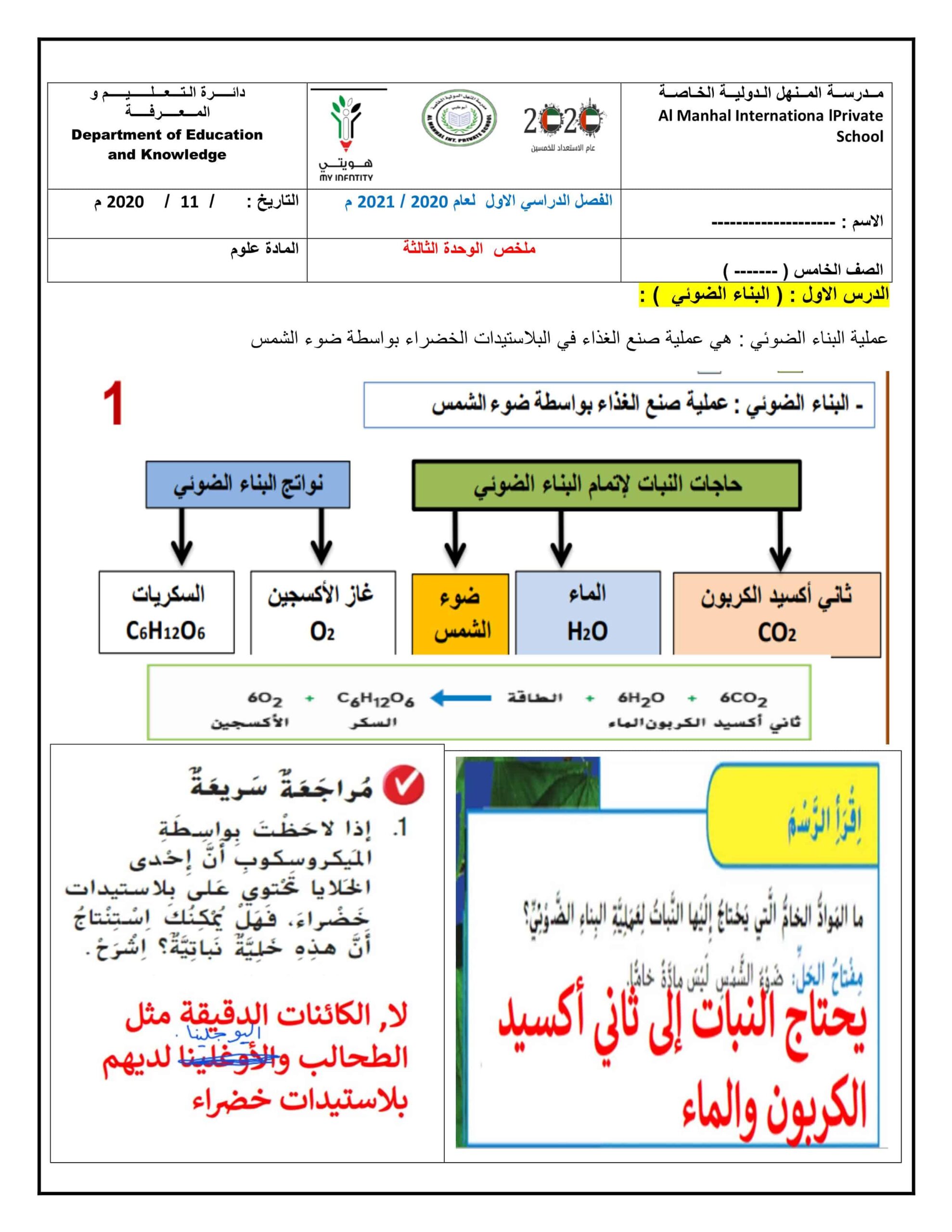 ملخص الوحدة الثالثة العلوم المتكاملة الصف الخامس