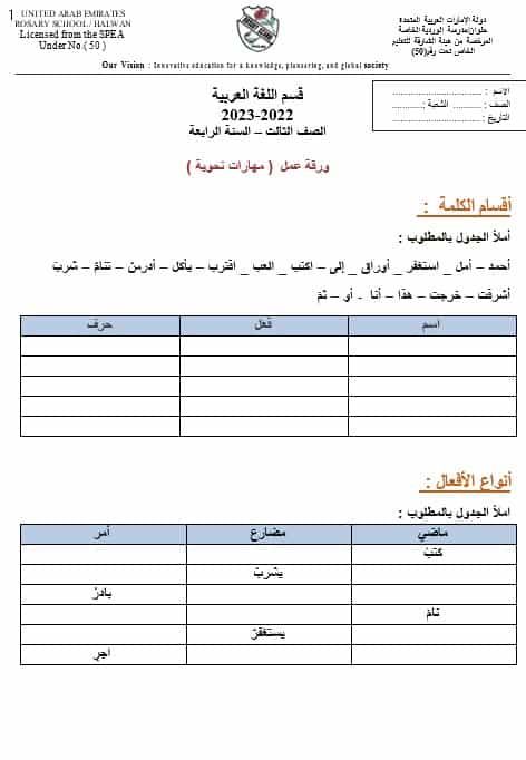 ورقة عمل مهارات نحوية اللغة العربية الصف الثالث