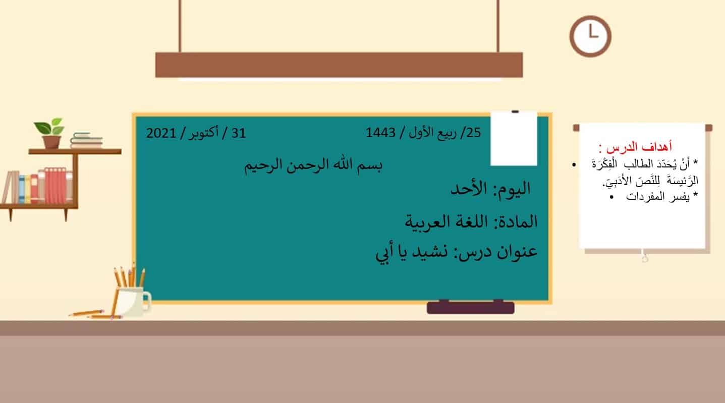 درس نشيد يا أبي وكتابة وصف مكان واستماع سر القوة اللغة العربية الصف الرابع - بوربوينت