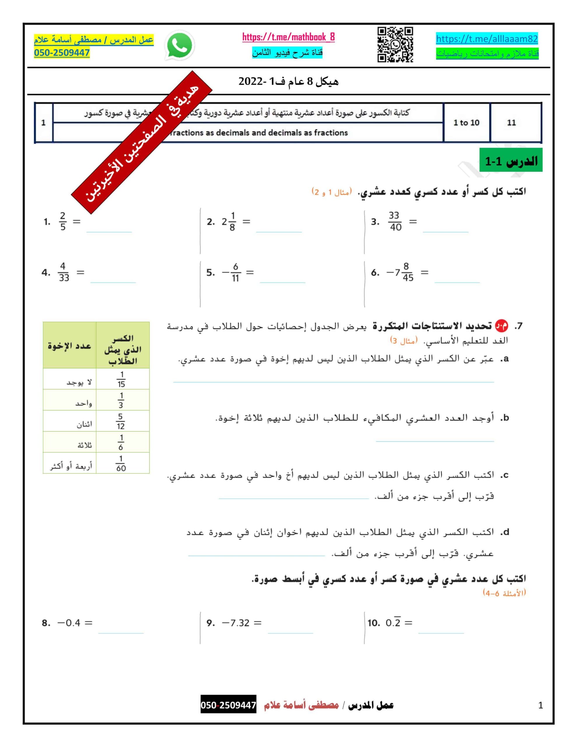 حل أوراق عمل أسئلة هيكل الامتحان الرياضيات المتكاملة الصف الثامن عام