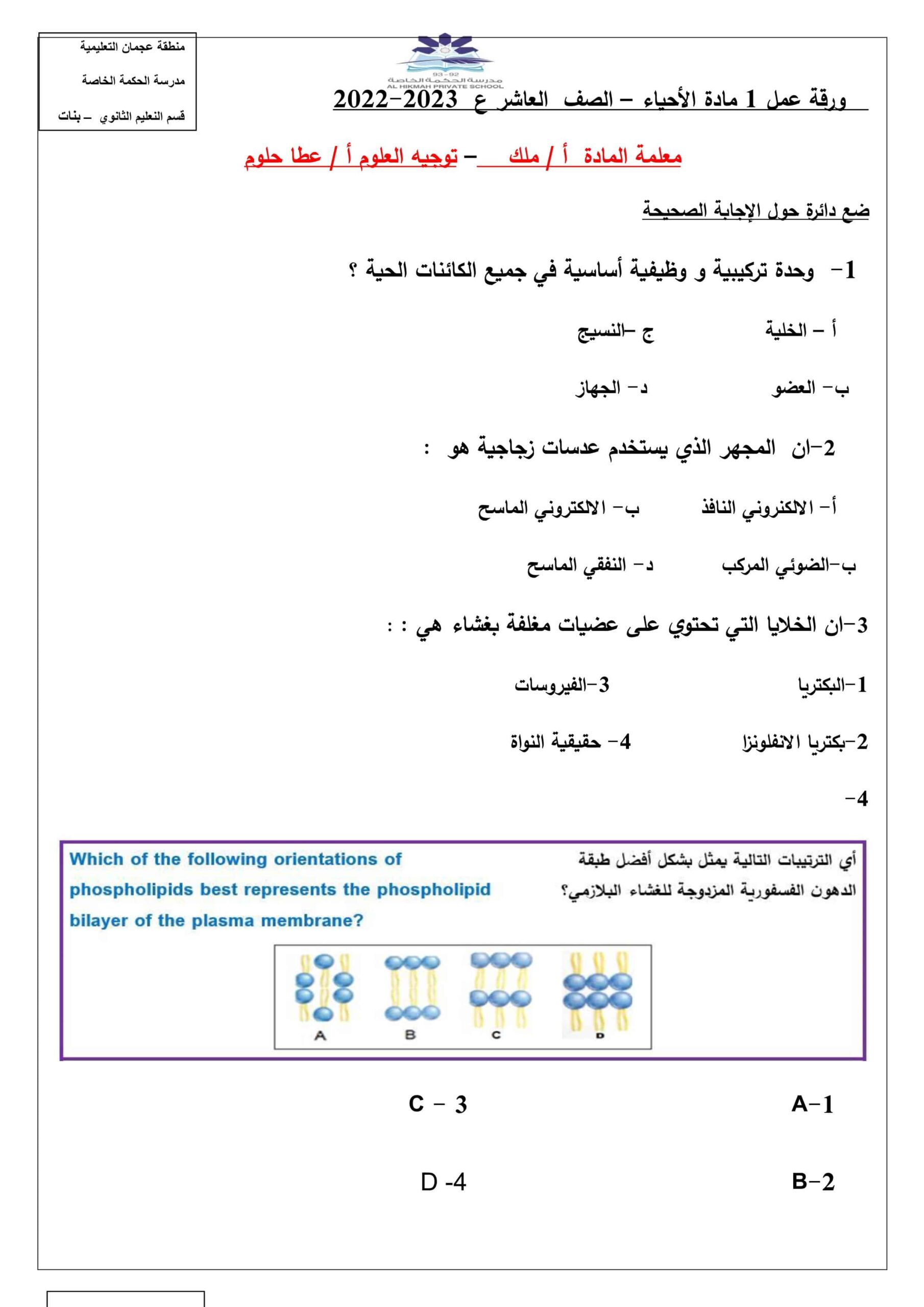 ورقة عمل 1 الأحياء الصف العاشر عام