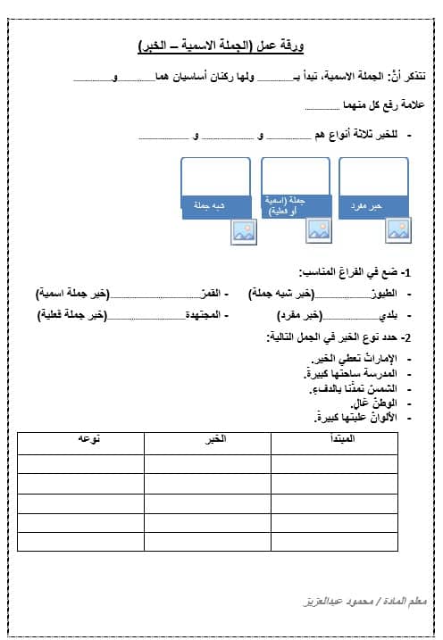 ورقة عمل الجملة الاسمية أنواع الخبر اللغة العربية الصف الخامس