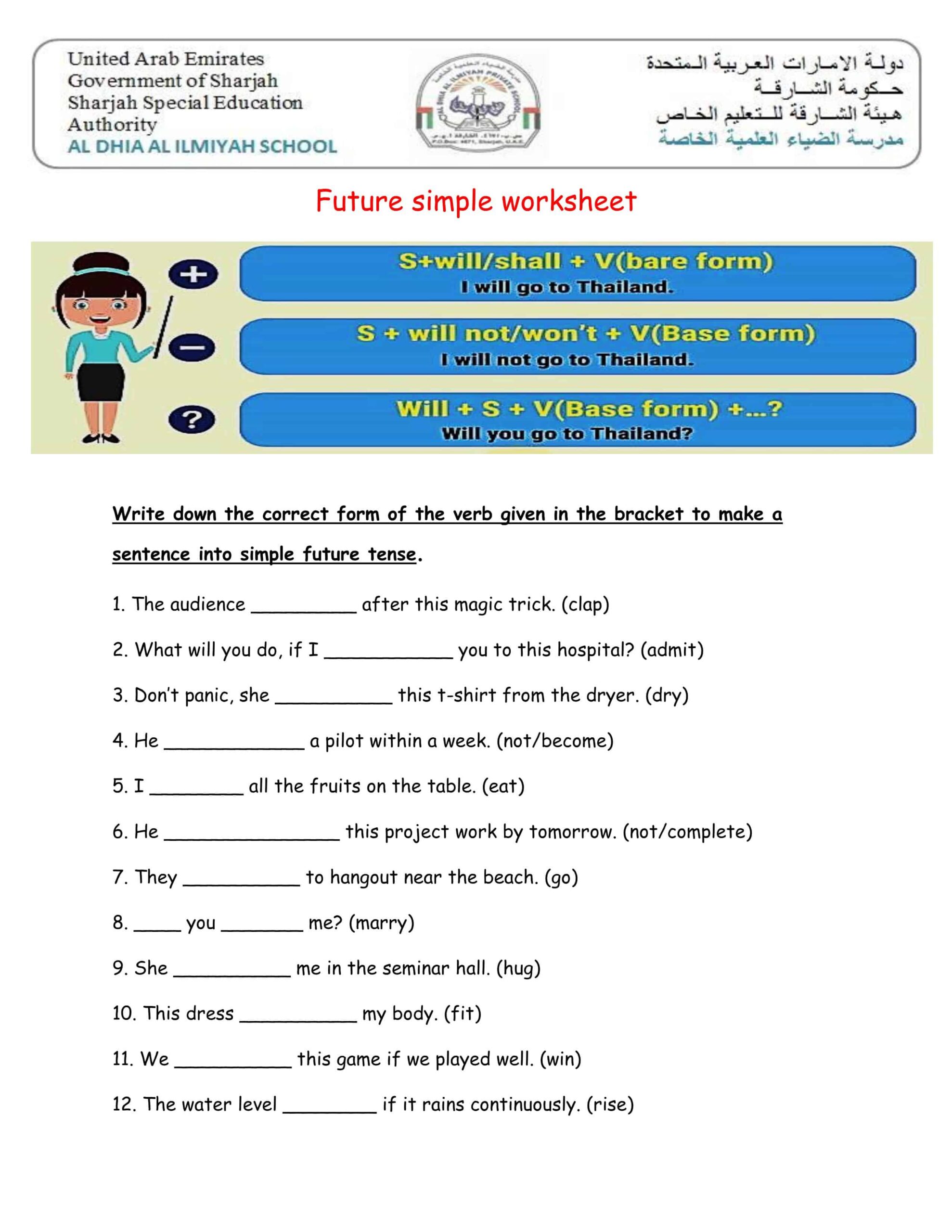أوراق عمل Future simple worksheet اللغة الإنجليزية الصف الخامس 