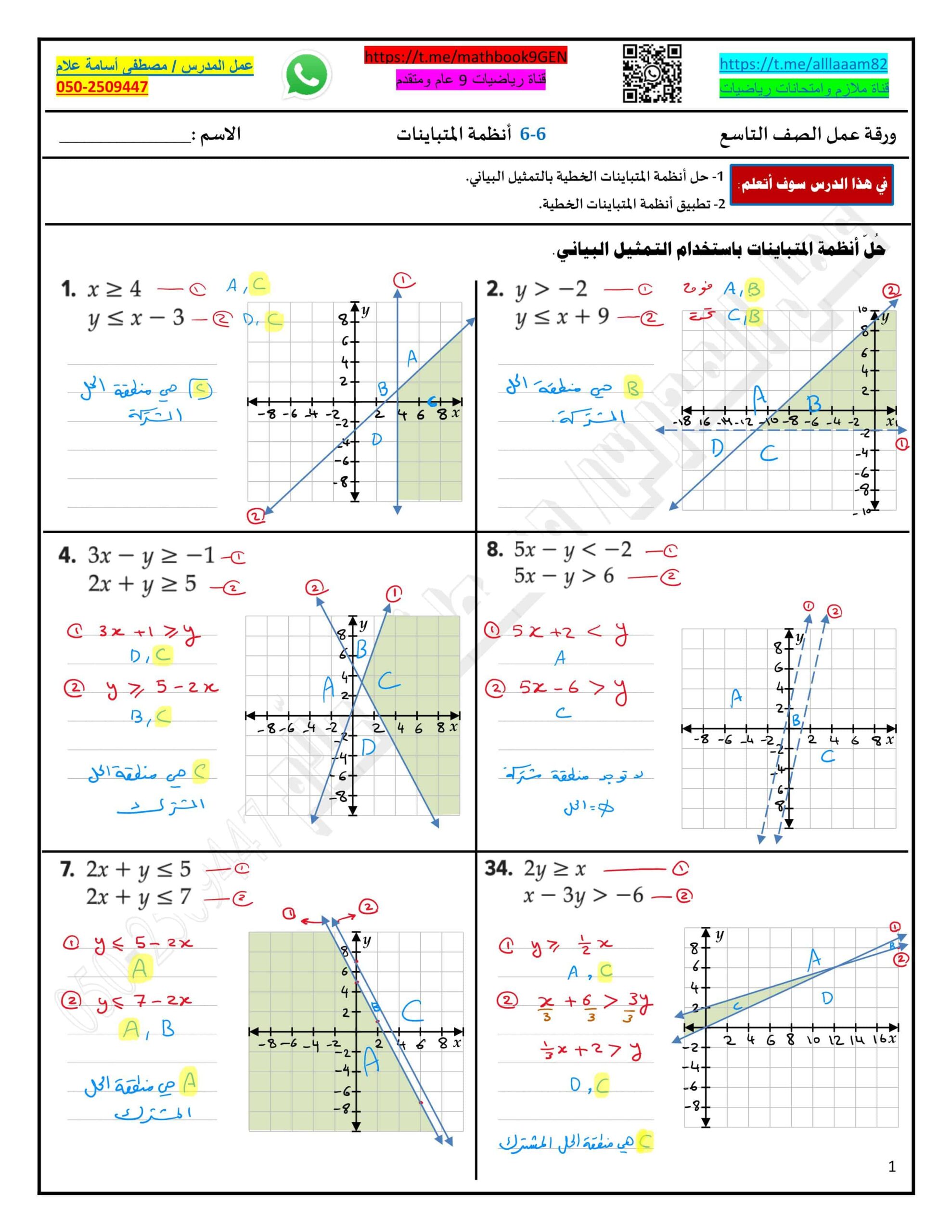 حل ورقة عمل أنظمة المتباينات الرياضيات المتكاملة الصف التاسع 