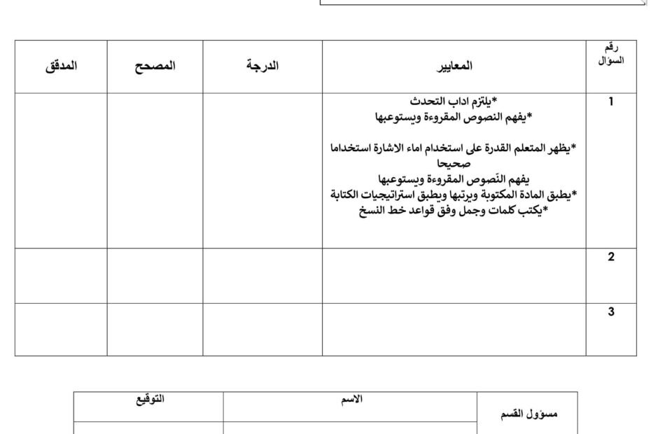 امتحان نهاية الفصل الدراسي الأول لغير الناطقين بها اللغة العربية الصف الثاني