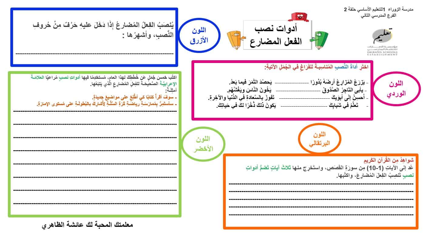 ورقة عمل أدوات نصب الفعل المضارع اللغة العربية الصف الثامن - بوربوينت 