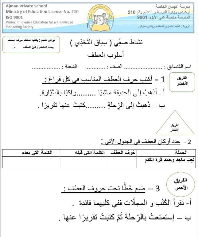 نشاط صفي أسلوب العطف اللغة العربية الصف الثالث 