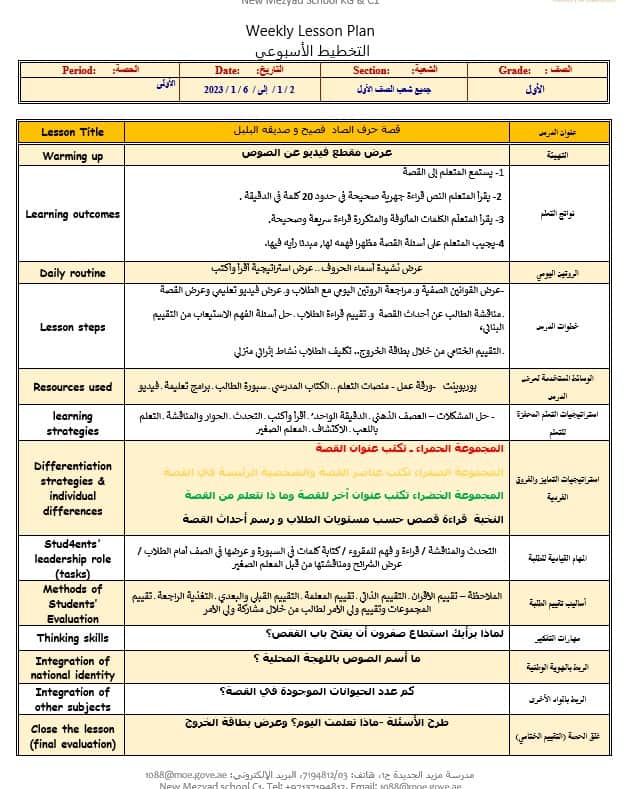 التخطيط الأسبوعي فصيح وصديقه البلبل اللغة العربية الصف الأول - بوربوينت 