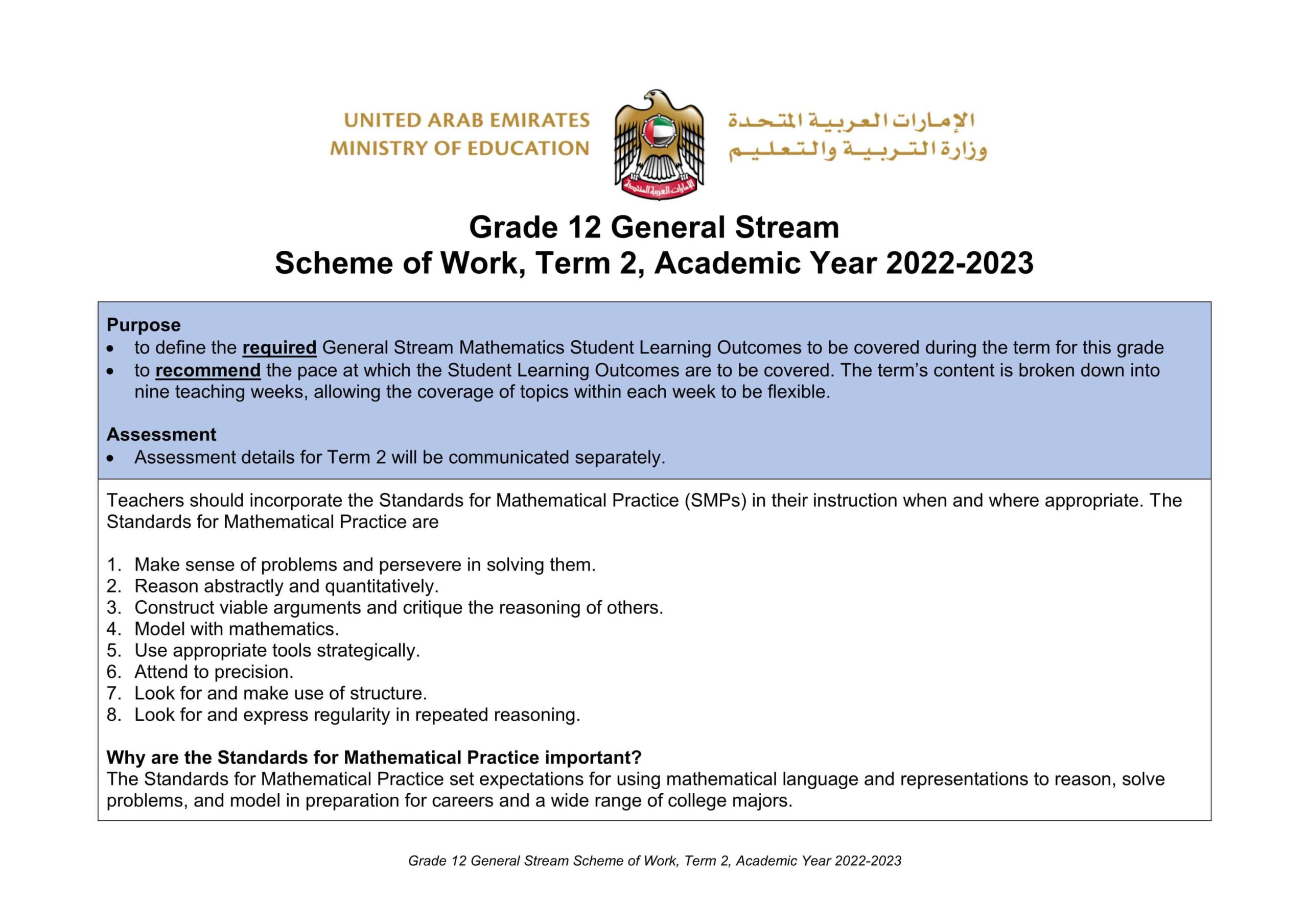 الخطة الفصلية الرياضيات المتكاملة الصف الثاني عشر General الفصل الدراسي الثاني 2022-2023