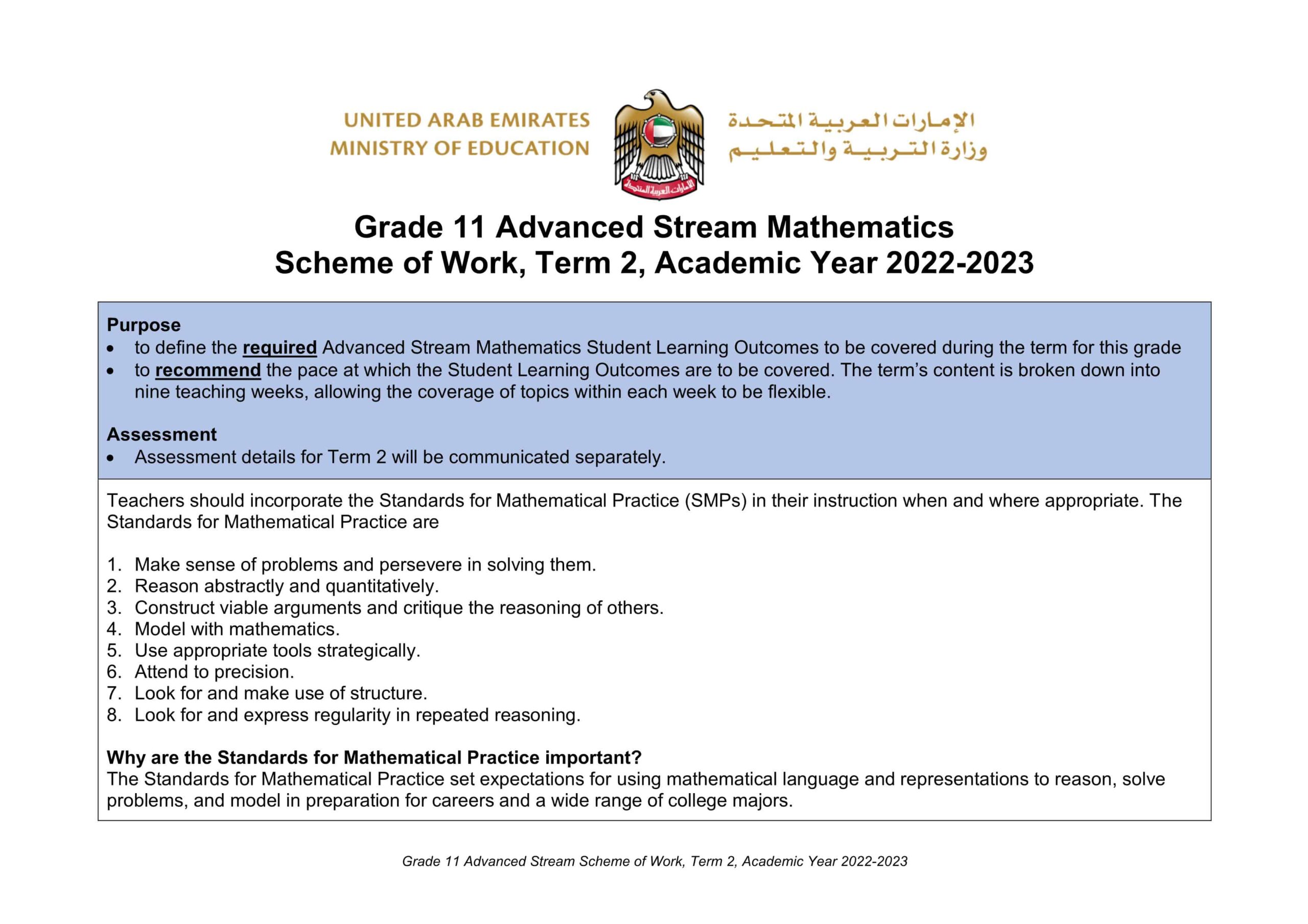 الخطة الفصلية الرياضيات المتكاملة الصف الحادي عشر Advanced الفصل الدراسي الثاني 2022-2023