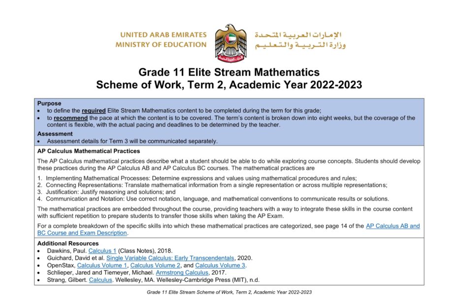 الخطة الفصلية الرياضيات المتكاملة الصف الحادي عشر Elite الفصل الدراسي الثاني 2022-2023