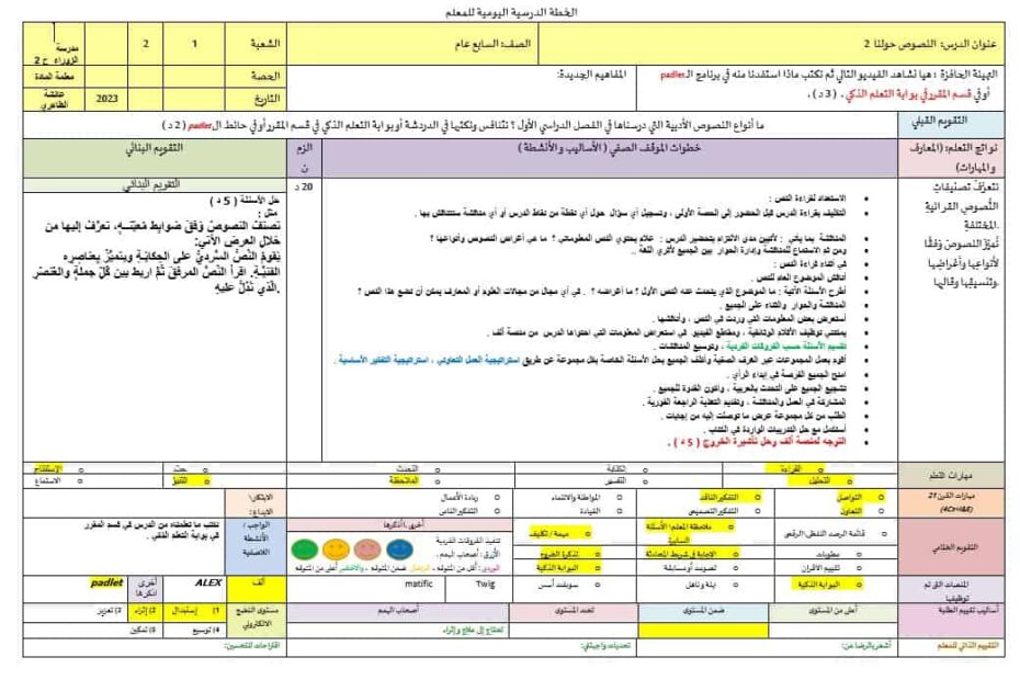 الخطة الدرسية اليومية النصوص حولنا 2 اللغة العربية الصف السابع