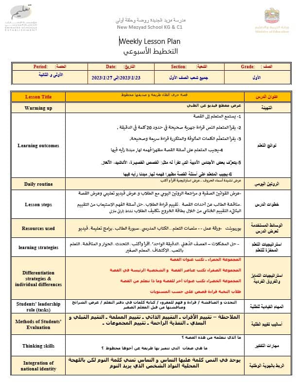 الخطة الدرسية اليومية ظريفة و صديقها محظوظ اللغة العربية الصف الأول