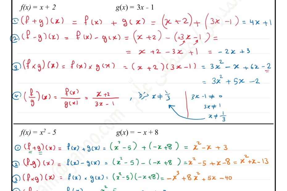 حل ورقة عمل درس العمليات على الدوال الرياضيات المتكاملة الصف الحادي عشر عام