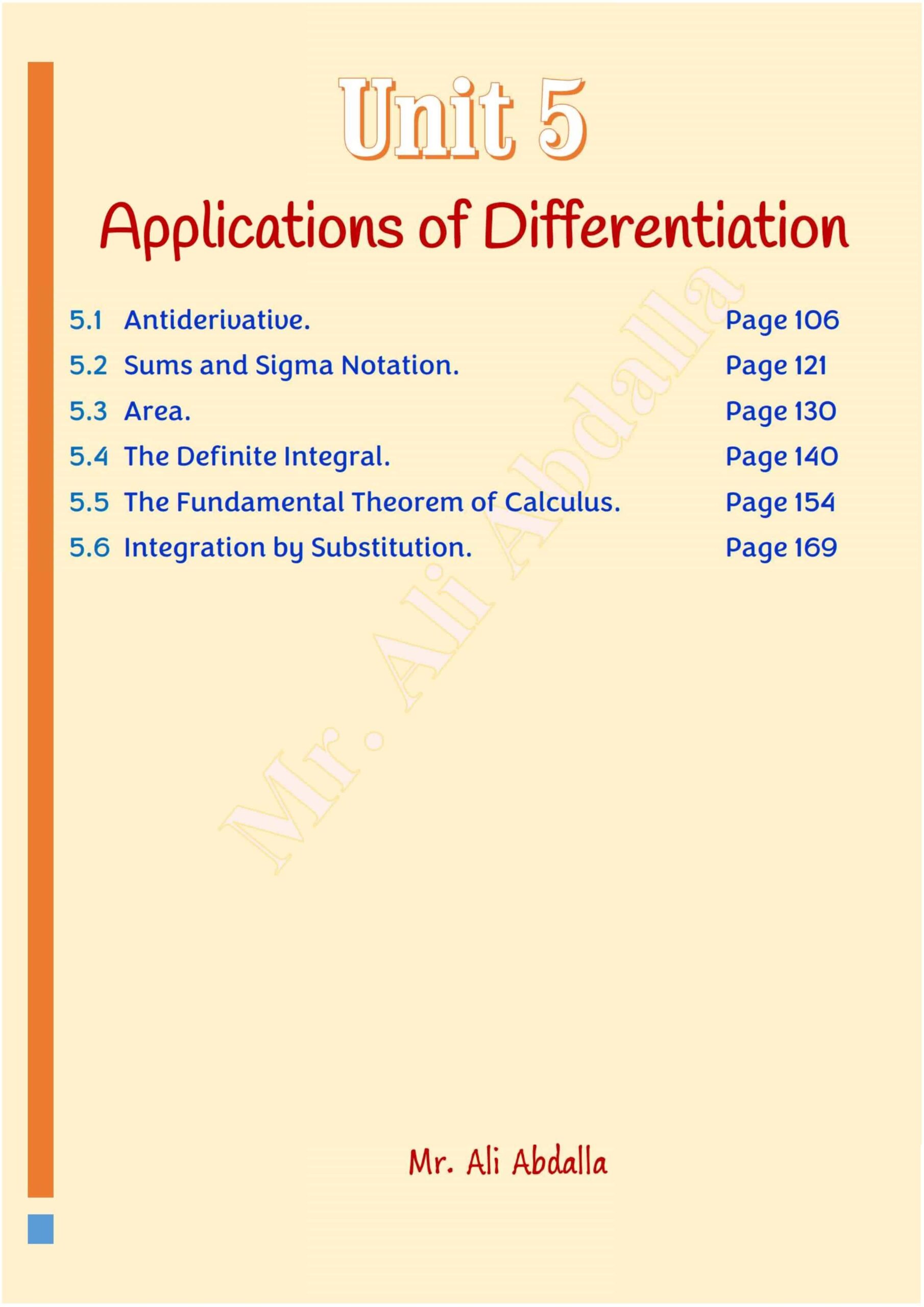 أوراق عمل الوحدة الخامسة Application of Differentiation الرياضيات المتكاملة الصف الثاني عشر متقدم 