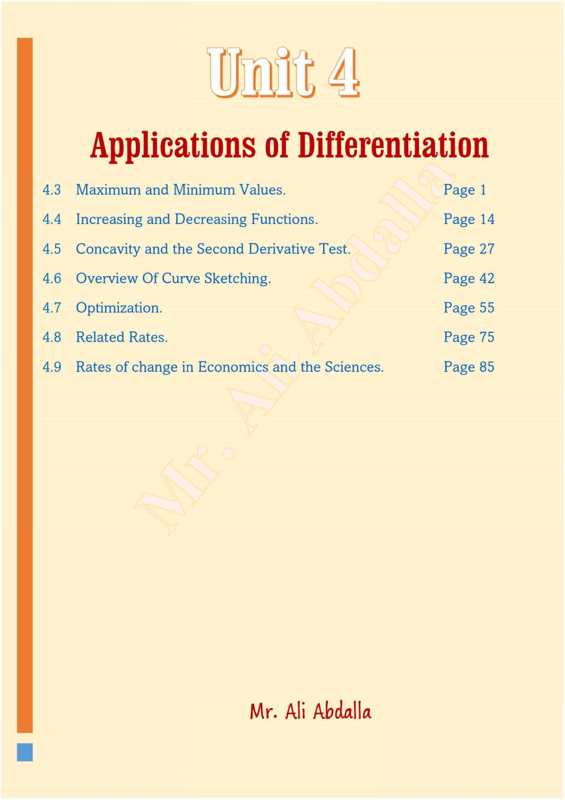 أوراق عمل الوحدة الرابعة Applications of Differentiation الرياضيات المتكاملة الصف الثاني عشر متقدم