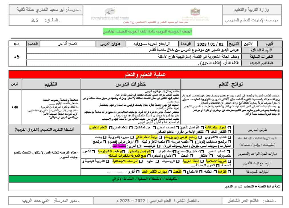 الخطة الدرسية اليومية أنا حر اللغة العربية الصف الخامس 