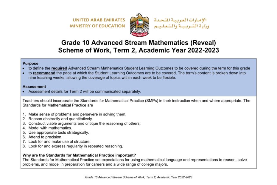 الخطة الفصلية الرياضيات المتكاملة الصف العاشر Advanced Reveal الفصل الدراسي الثاني 2022-2023