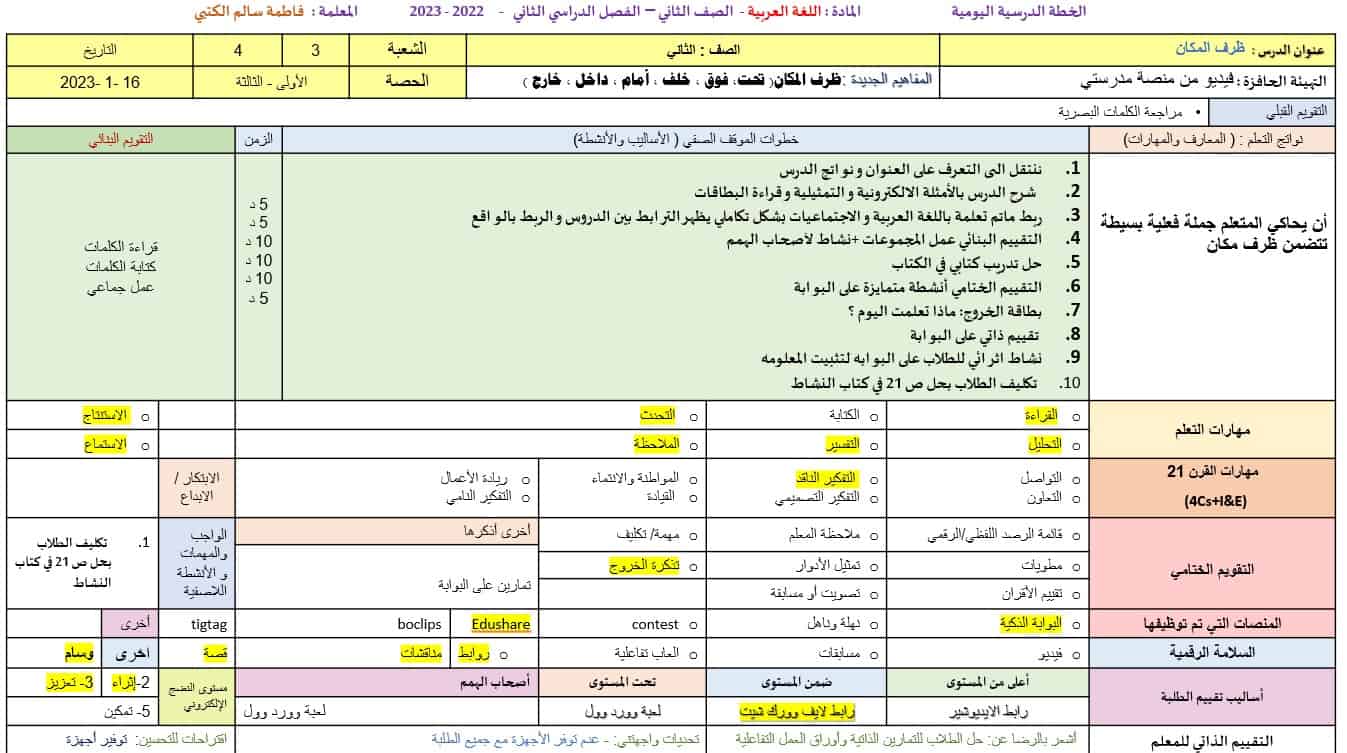 الخطة الدرسية اليومية ظرف المكان اللغة العربية الصف الثاني - بوربوينت