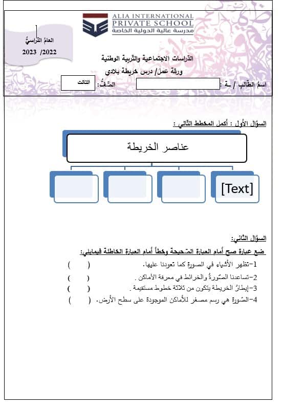 ورقة عمل درس خريطة بلادي الدراسات الإجتماعية والتربية الوطنية الصف الثالث