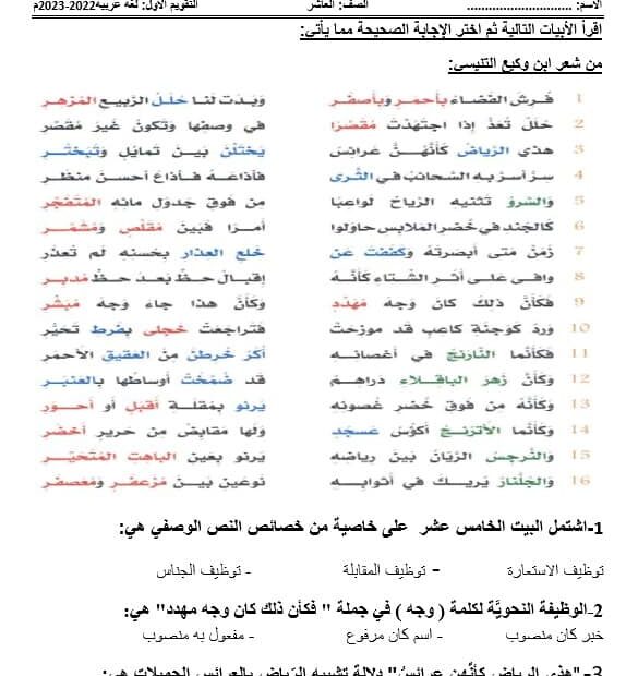 الاختبار التكويني اللغة العربية الصف العاشر