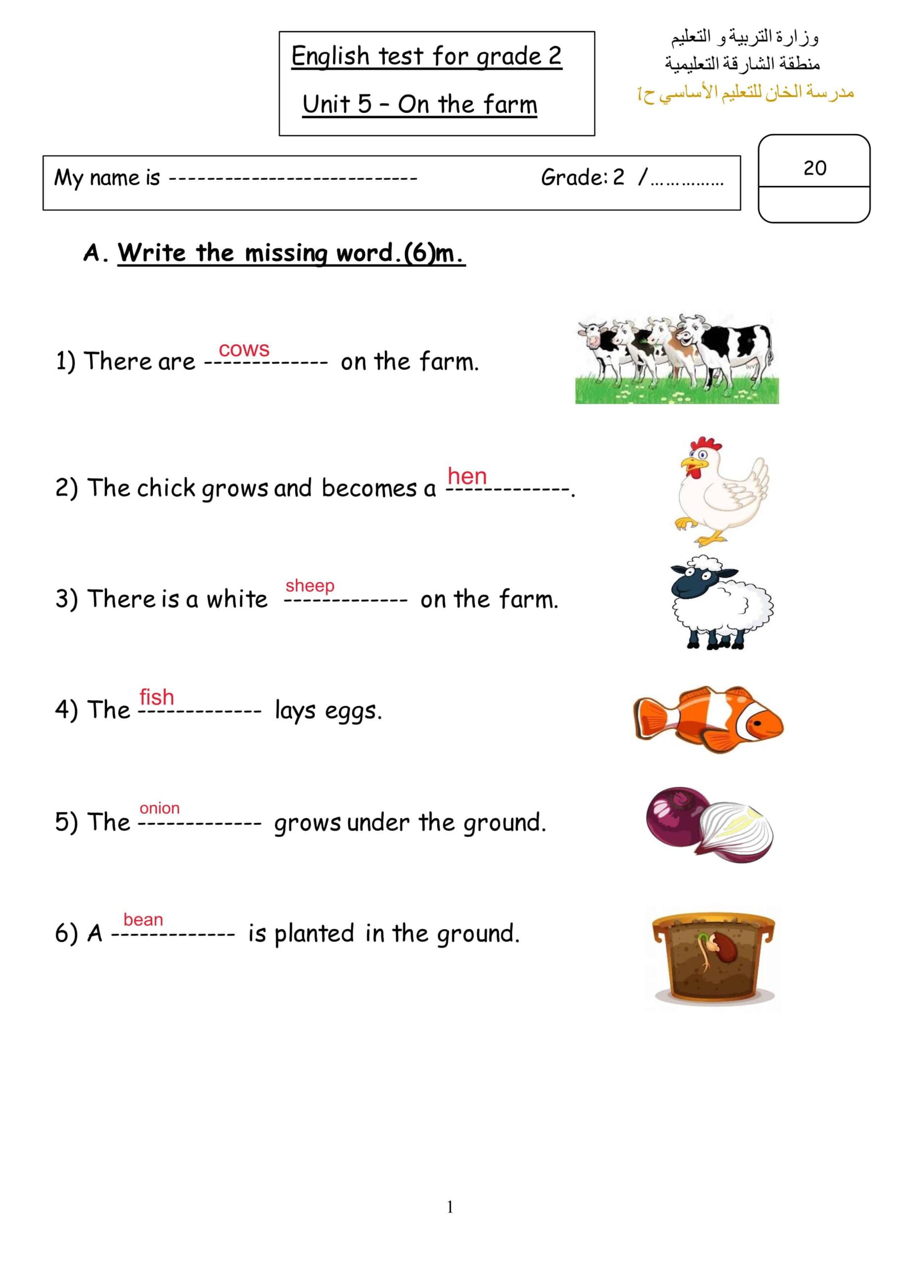 حل امتحان الوحدة الخامسة اللغة الإنجليزية الصف الثاني 