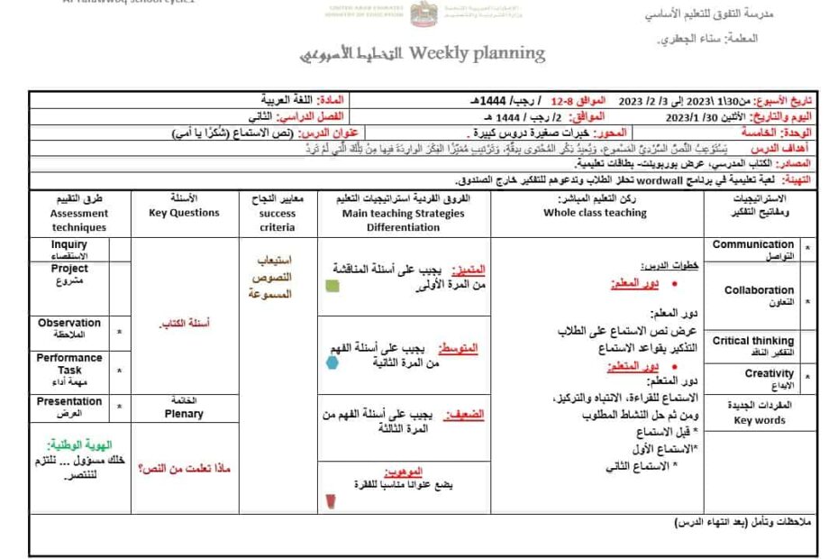 الخطة الدرسية اليومية الأسبوع الخامس اللغة العربية الصف الثاني