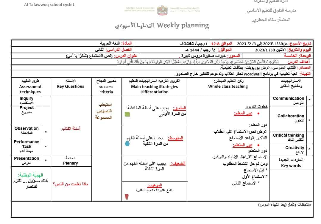 الخطة الدرسية اليومية الأسبوع الخامس اللغة العربية الصف الثاني 