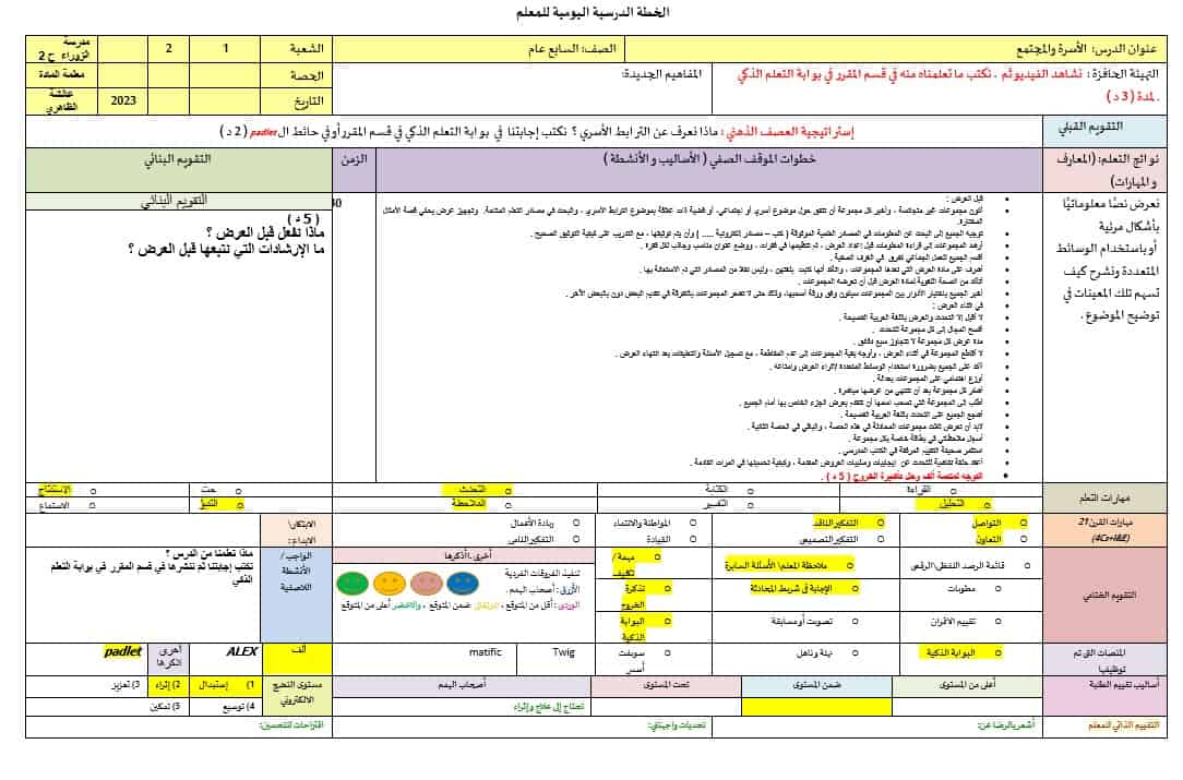 الخطة الدرسية اليومية الأسرة والمجتمع اللغة العربية الصف السابع