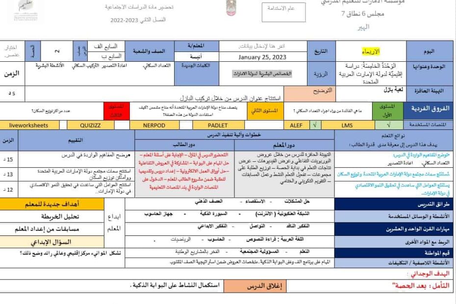 الخطة الدرسية اليومية الخصائص البشرية لدولة الإمارات الدراسات الإجتماعية والتربية الوطنية الصف السابع