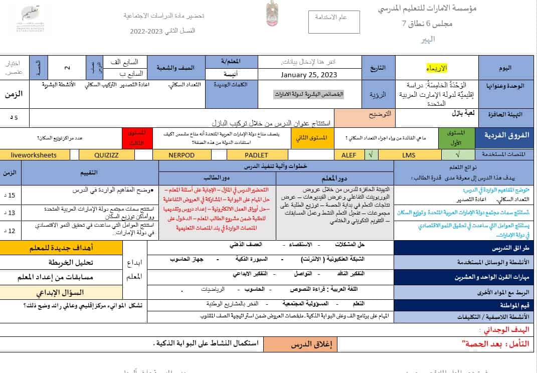 الخطة الدرسية اليومية الخصائص البشرية لدولة الإمارات الدراسات الإجتماعية والتربية الوطنية الصف السابع 
