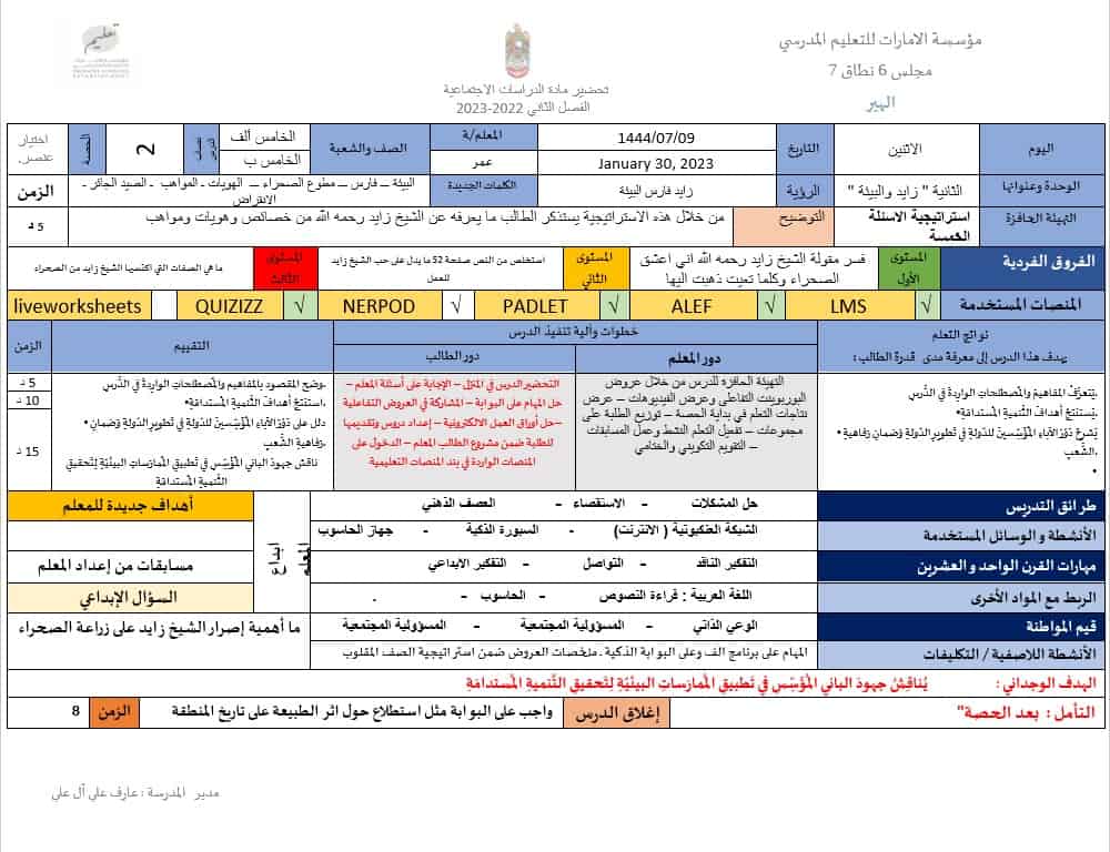 الخطة الدرسية اليومية زايد فارس البيئة الدراسات الإجتماعية والتربية الوطنية الصف الخامس