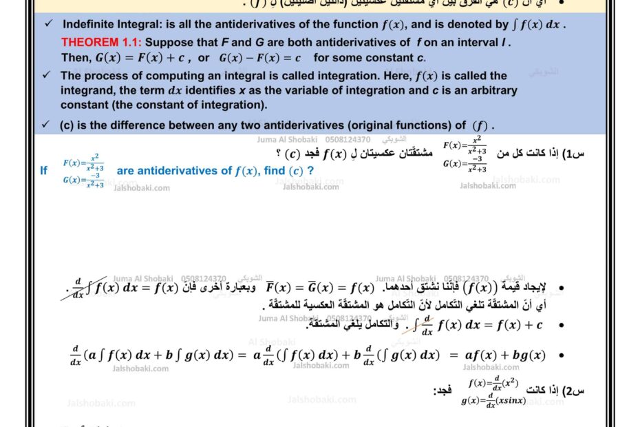 درس الدوال الأصلية المشتقات العكسية الرياضيات المتكاملة الصف الثاني عشر