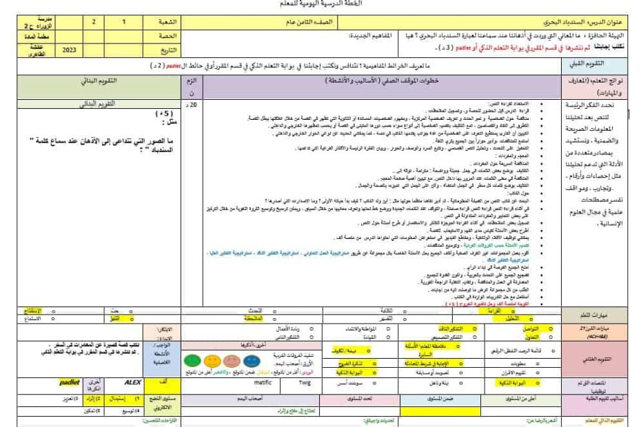 الخطة الدرسية اليومية السندباد البحري اللغة العربية الصف الثامن
