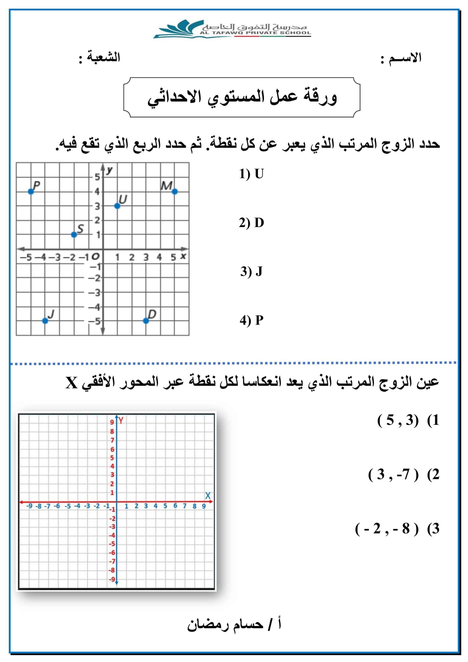 ورقة عمل المستوي الإحداثي الرياضيات المتكاملة الصف السادس