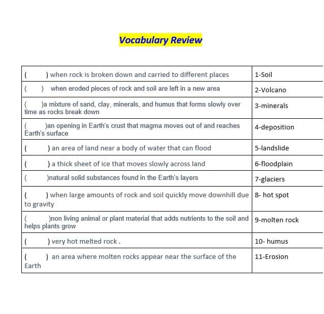 حل ورقة عمل Vocabulary Review العلوم المتكاملة الصف الخامس 