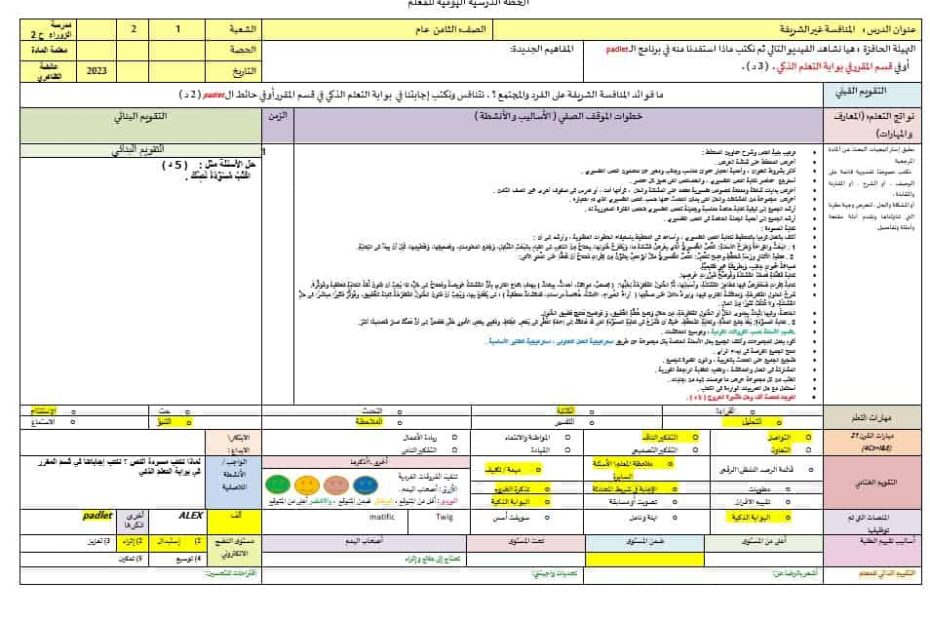 الخطة الدرسية اليومية المنافسة غير الشريفة اللغة العربية الصف الثامن