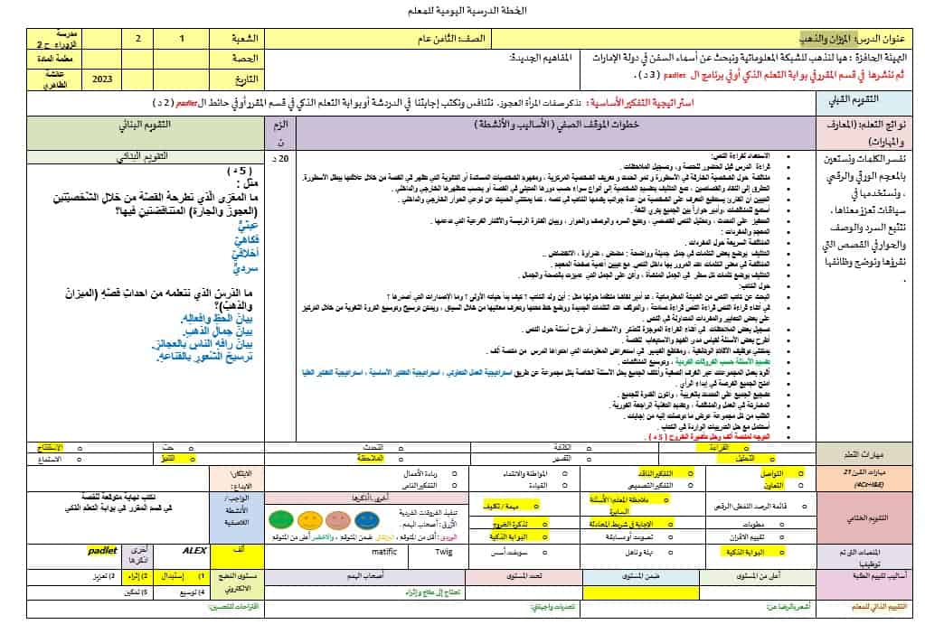 الخطة الدرسية اليومية الميزان والذهب اللغة العربية الصف الثامن