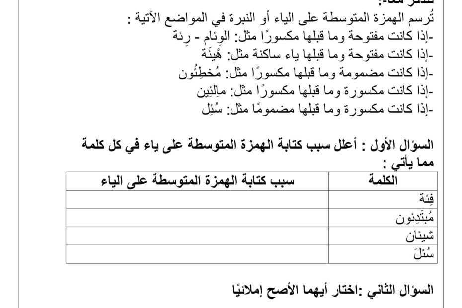 ورقة عمل الهمزة المتوسطة على الياء اللغة العربية الصف الخامس