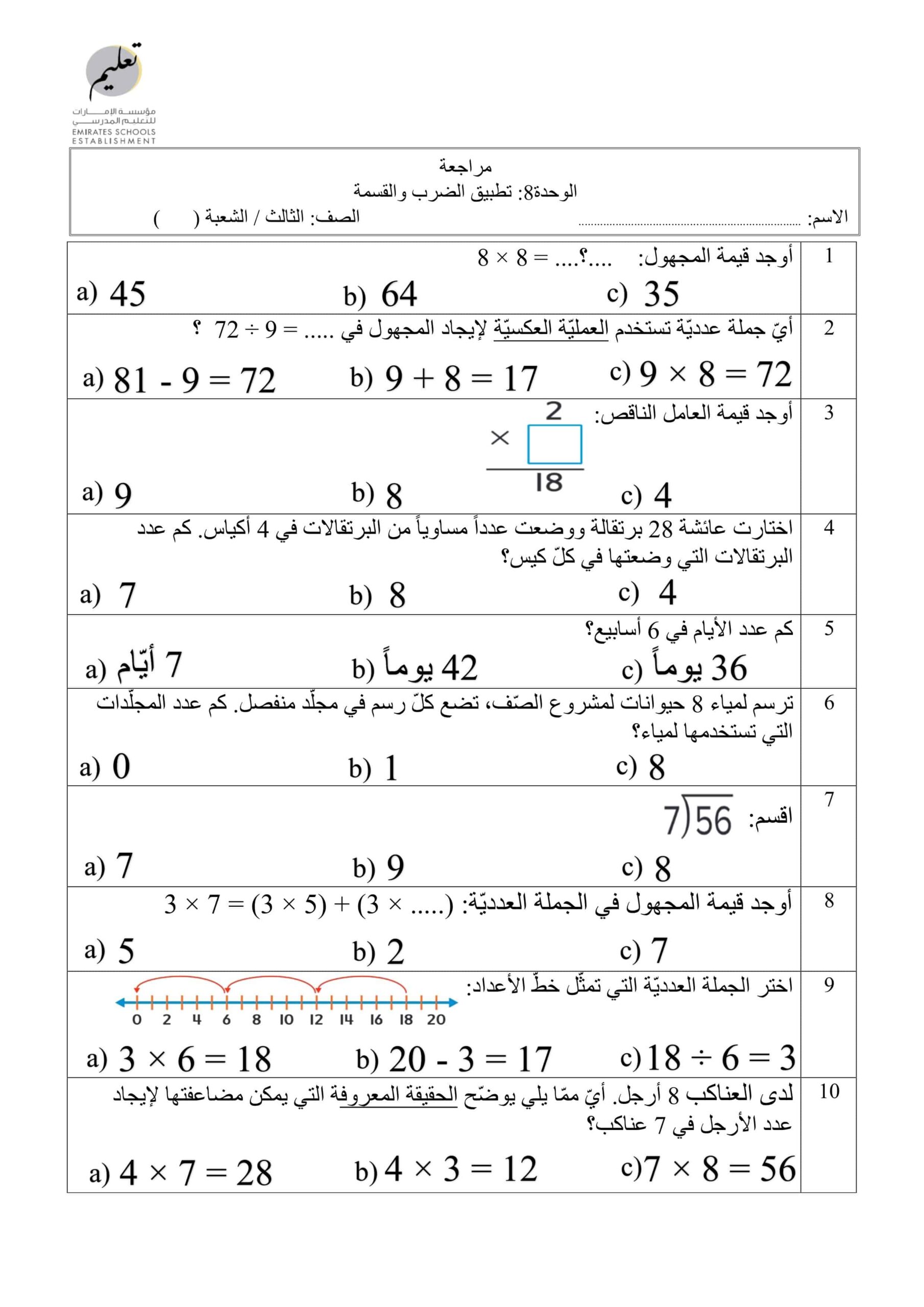 مراجعة الوحدة الثامنة تطبيق الضرب والقسمة الرياضيات المتكاملة الصف الثالث