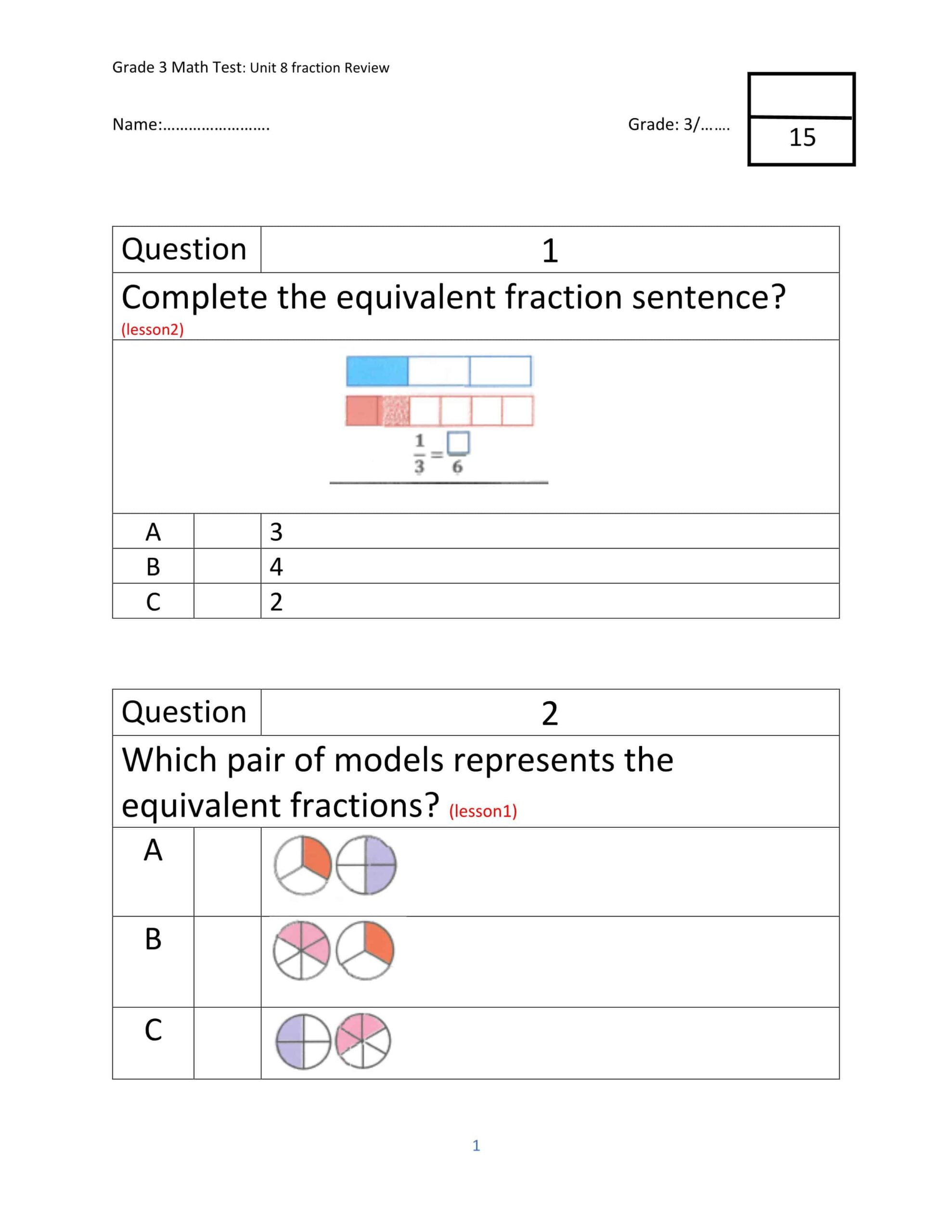 أوراق عمل Unit 8 fraction الرياضيات المتكاملة الصف الثالث
