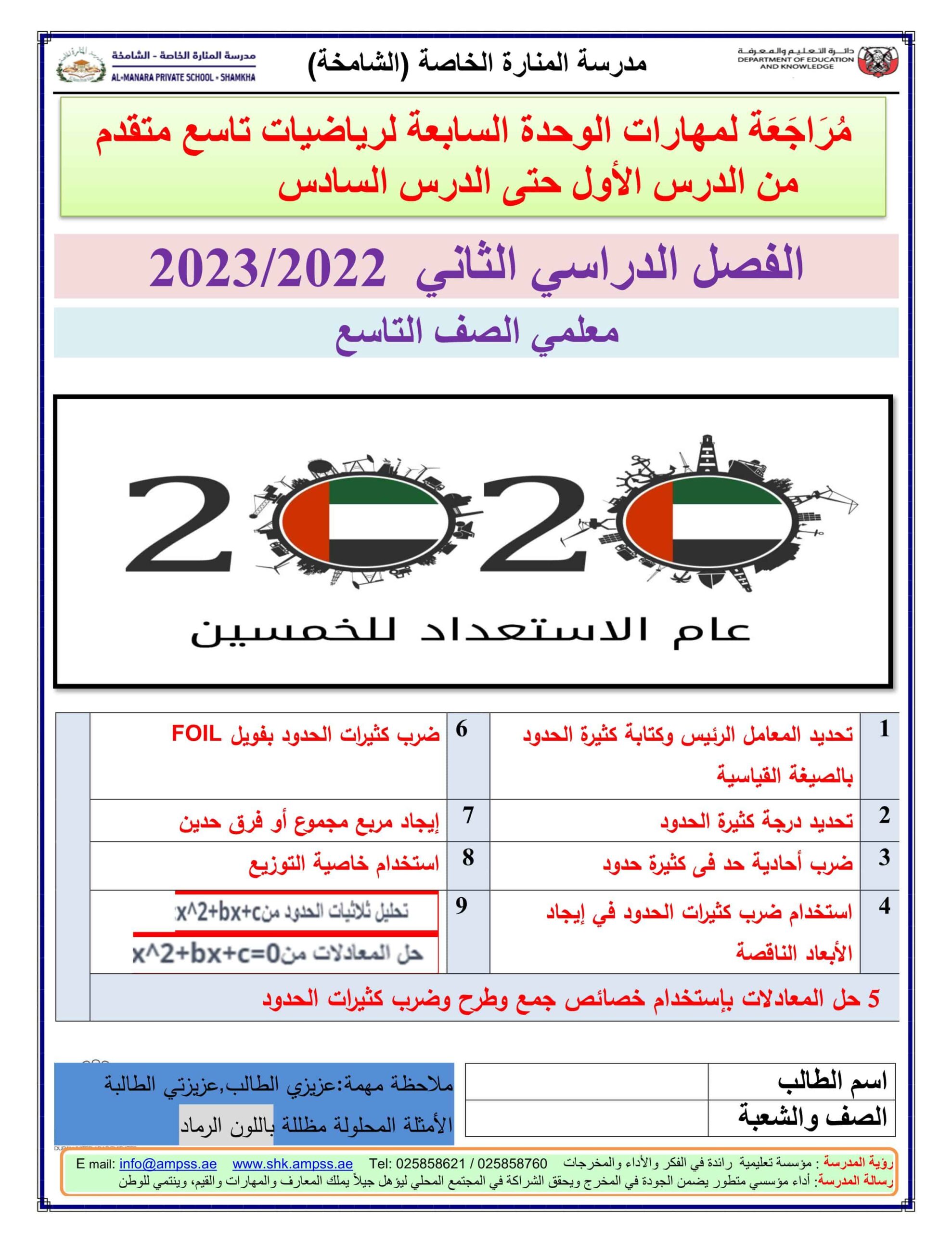 أوراق عمل الوحدة السابعة الدرس الأول حتى الدرس السادس الرياضيات المتكاملة الصف التاسع متقدم