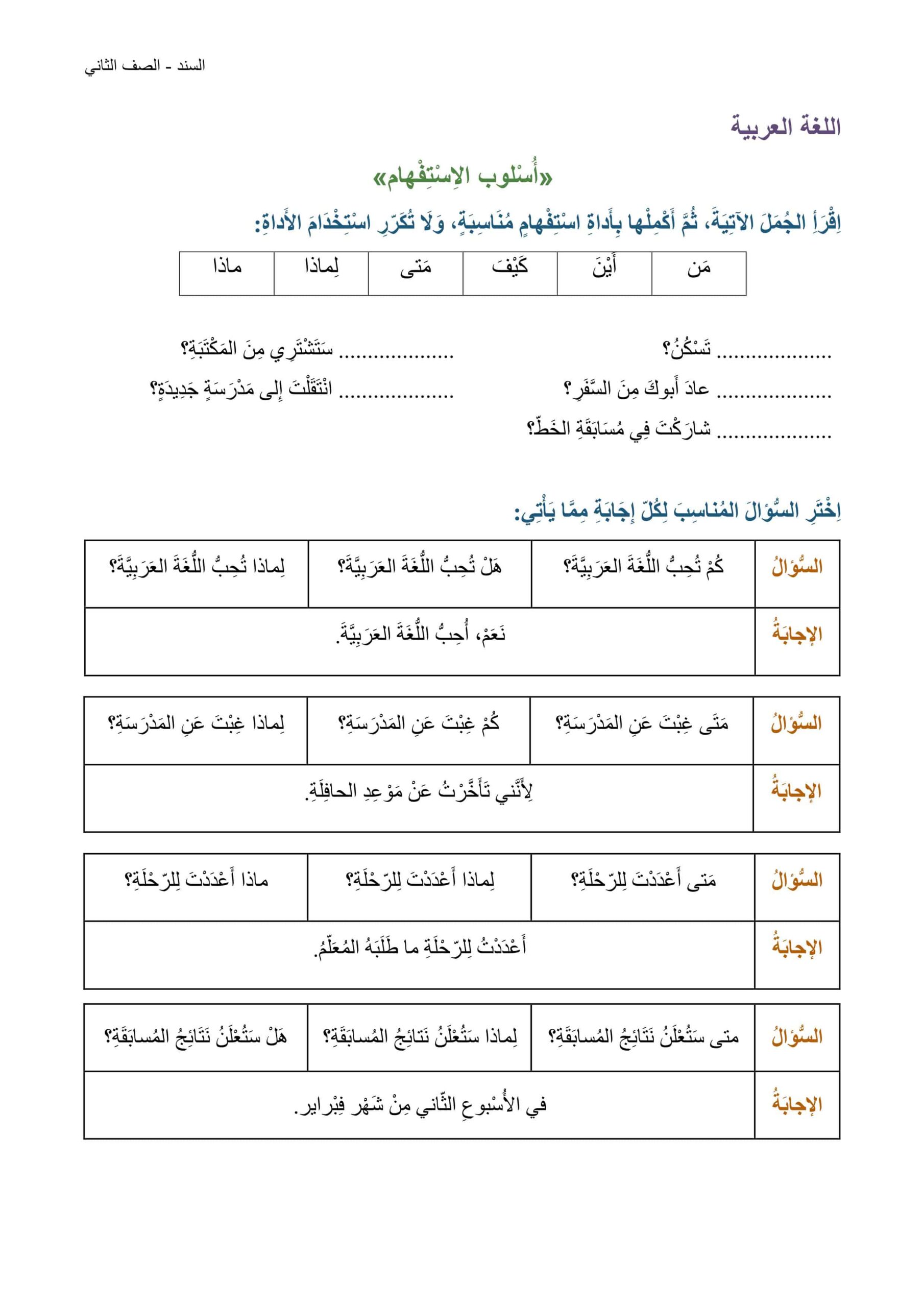 أوراق عمل أدوات الاستفهام اللغة العربية الصف الثاني